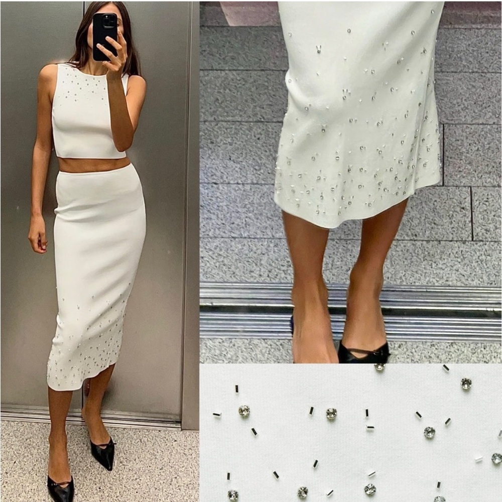 NWT ZARA WHITE KNIT RHINESTONE EMBELLISHED MIDI SKIRT